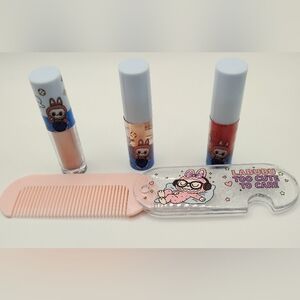Labubu Foldable Pink Comb with 3 Lip Gloss Light Gold, Clear Tan, & Matte Brown